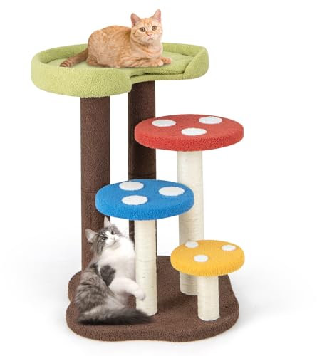 COSTWAY Arbre à Chat en Forme de Champignon, Tour à Chat 3 en 1 avec Multiples Plateformes, Centre d'Activités pour Chaton avec Griffoir en Sisal et Perchoir, Charge 10 KG Chaque Couche (94 CM)