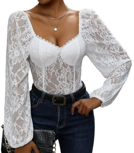 SHEKINI Body Damen Elegant Spitzen Mesh Langarm Bodysuit mit Herzförmiger Ausschnitt und Laternenärmeln Spitzenbody Oberteil Transparent Blusenshirt