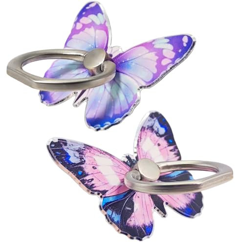Handy-Ring-Ständer mit Schmetterlingsmotiv, niedliches Schmetterling-Design, 360° drehbar, Metall, mit verstellbarer Knopfschlaufe (lila, blau), 2 Stück