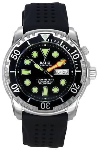 RATIO FreeDiver Heliumsichere Taucheruhr - Saphirglas, Automatisch, 1000M Wasserdicht für Herren, Schwarz - Neues Design