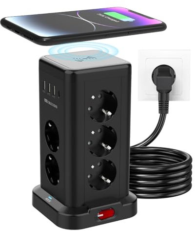 Steckdosenwürfel mit 15W Wireless Charger & 11-Fach (11 Schuko + USB) – Überspannungsschutz, Schaltbarer Powerturm, 2m Kabel für Küche/Büro, Schwarz