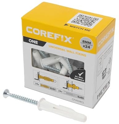 Corefix One Universal-Dübel und Schrauben, 24 Stück, strapazierfähig (100 kg in Mauerwerk), Wandbefestigung, geeignet für alle Wandtypen. Perfekt für die Montage von Regalen, zum Aufhängen von