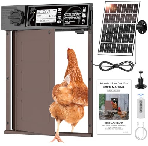 MASTERFUN Große Größe Automatische Hühnerklappe Solar, Aluminum Hühnerklappe Automatisch Seitliche Öffnung, Elektrische Hühnerklappe mit 7W Solarpanel, LED Display, Lichtsensor, Timer, Fernbedienung
