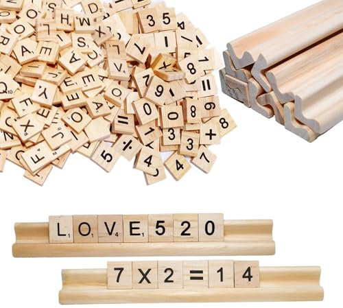 300 Stück Holzbuchstaben und Holzzahlen mit 10 Stück Briefhalter aus Holz, Holzbuchstaben zum Basteln für Lernen, DIY Bastelprojekte, Brettspiele (Buchstaben + Zahlen + Holzrahmen)