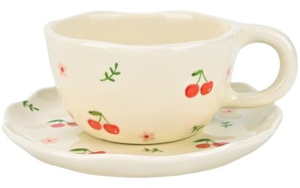 Koythin Tasse à café en céramique avec soucoupes, motif fleurs faites à la main, jolie tasse pour fille et femme, tasse esthétique avec poignée, pour latte, cacao, bureau, maison (fleur de cerisier)