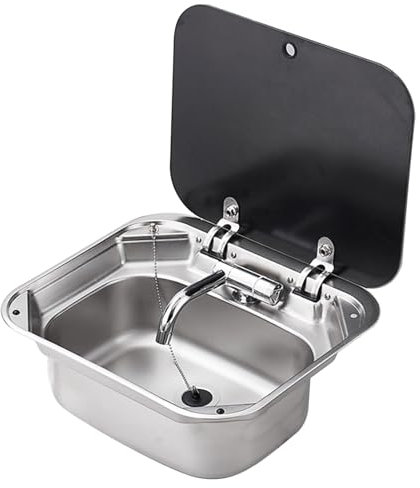 Wohnwagen-RV-Spüle, Edelstahl-Bootsspüle Einklappbares Handwaschbecken Einzelbecken Küchenbar-Spülbecken Mit Gefaltetem Wasserhahn, Deckel Aus Gehärtetem Glas, Outdoor-Wohnmobil-Anhänger-Zubehör