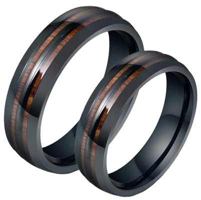 Calefee Eheringe Edelstahl Paarpreis, Partnerringe mit Gravur 6 mm Silberring mit Holzoptik, Damen Größe 62 und Herren Größe 67