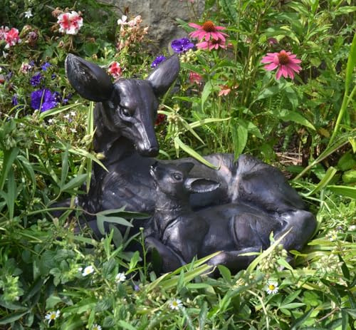 Inspirational Gifting Doe and Baby Fawn Large Laying Deer Garden Ornament Sculpture Hand Crafted Resin with Aged Bronze Finish - Beautiful in a Garden or your Home!