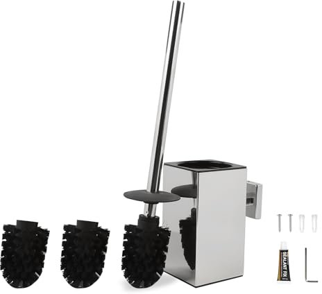 EXLECO Escobillas de Baño Cuadrado Cepillo Inodoro Escobillero Baño de Pared de Acero Inoxdable con 2 Cabezales de Recambio, Escobillas de Baño con Tapa Cepillo Mango Largo Accesorios Baño Cromo