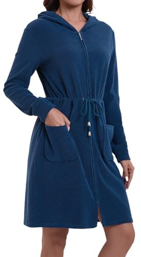 Mnamo Eleganter Damen Bademantel mit Kapuze und Reißverschluss aus Frottee Kurz und Leicht Marineblau XXL