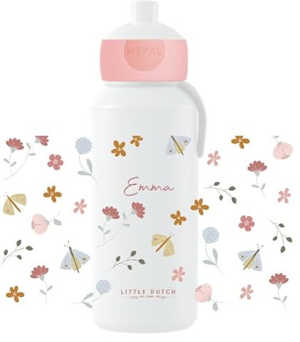Mepal Little Dutch Trinkflasche Pop-up Campus - Personalisierte Wasserflasche mit Namen für Kinder - Auslaufsichere Flasche für Schule - BPA-frei & Spülmaschinenfest - 400 ml - Flowers & Butterflies