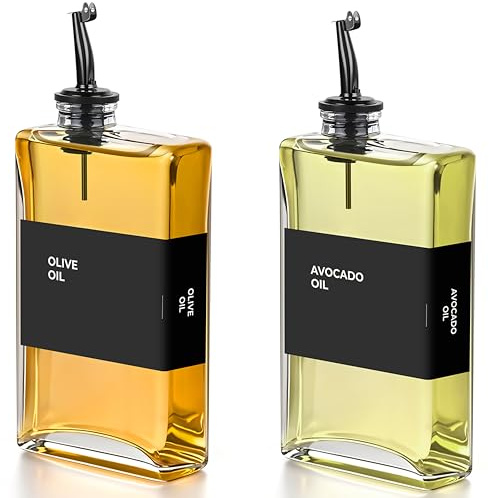 Spaceneat Olive Oil Dispenser Bottle - Includes 48 Kitchen Essential Labels - Cooking Oil Bottles for Kitchen, Coffee Syrup Dispenser - Pourer Spout with 350 mL Glass Container Cruet - 2pcs, Black