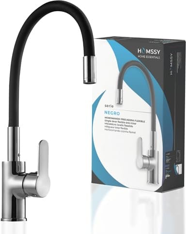 HOMSSY Grifo de Cocina Flexible Negro, Caño Alto y Ajustable 360°, Acero Inoxidable Recubierto en Caucho, Cuerpo de Latón, Grifo Monomando para Fregadero