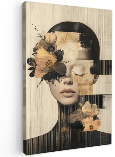 MuchoWow© Bilder Groß XXL Wohnzimmer Deko Modern Wandbild Kunstdruck | 80x120 cm - Leinwand Bild Schlafzimmer über Bett Room Decor Geschenke Gesicht - Blumen - Schwarz - Frau