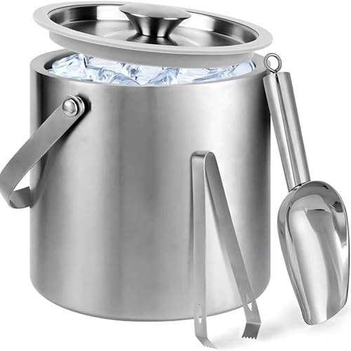 3L Stainless Steel Ice Bucket with Lid and Tongs, Scoop and Strainer, Double Wall Insulated Ice Bucket to Keep Ice Cold & Dry, Ice Container for Parties, Home Bars, Restaurants, Pubs, BBQs and Picnics