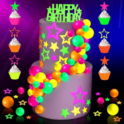 Neon Cake Topper Glow Cake Toppers Balls Glow in the Dark Birthday Cake Decorations Neon Star Ball Cupcake Toppers for Birthday Wedding Black Light Reactive Party Supplies
