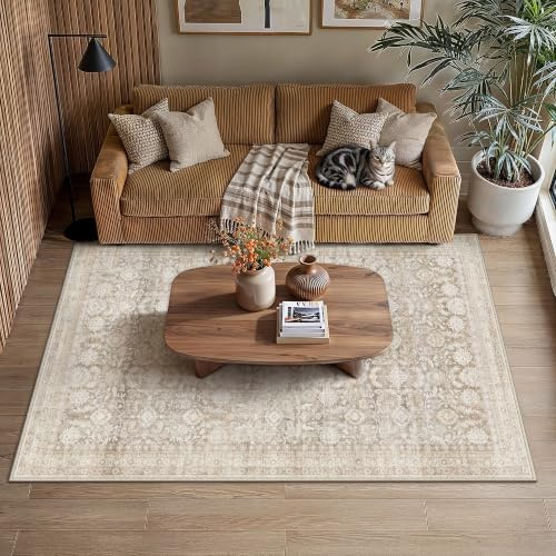 PureCozy Waschbarer Beige Teppich Wohnzimmer 80x150cm Vintage Tepich | Kurzflor Rutschfest,Weich Boho Retro Carpet,Leicht,Schlafzimmer,Esszimmer,Kinderzimmer,Büro