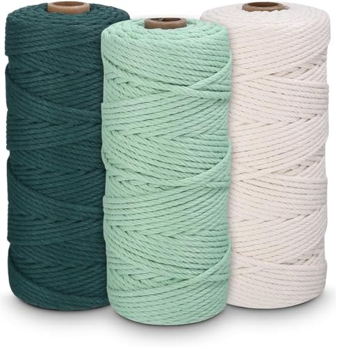3 Stück Makramee Garn 2mm x 100m Baumwollkordel Natur Baumwollgarn | Macrame Cord Grün, Makrameegarn Geflochten für DIY Handwerk und Flechtkunst (Beige, Hellgrün, Dunkelgrün)