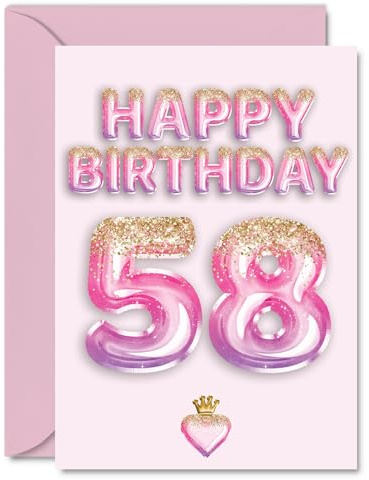 58th Birthday Cards for Women and Men, Pink & Purple Glitter Balloons | Happy Birthday Card for 58 Year Old Man Woman Wife Uncle Husband Daughter, A5 Bday Greeting Cards