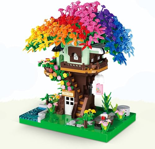 QGGQ Cherry Blossom Tree House Building Blocks Set, 1528PCS Rainbow Treehouse Building Block Set with LED, Sakura Model Tree House Construction Toy, Plants Flowers Treehouse Architecture Block Kits