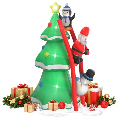 XMTECH Árbol de Navidad hinchable de 2,4 m con muñeco de nieve, Papá Noel y pingüino, luces LED blancas, decoración navideña para exteriores, patio y jardín, decoración navideña inflable