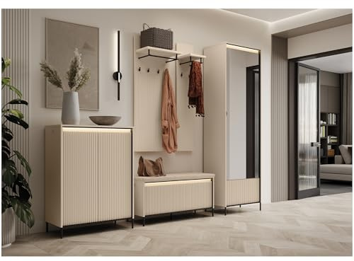 MEBLINI Garderobe Flur Möbel Set mit LED - Garderobenschrank Flur mit Spiegel - Garderobe Schrank - Flurgarderobe - Flurschrank hoch - Trend - Beige/Schwarz