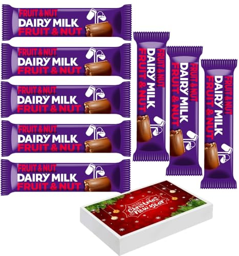 Dairy Milk Fruit & Nut Chocolate Bar 49g With Christmas Giift Box - Milk Chocolate With Crunchy Almonds and Dried Grapes - cdb (10 x Bars)