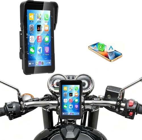 CAMECHO Schermo Moto 5 Pollici, CarPlay Wireless Android Auto, 800 Nits IP68 Touchscreen, Pulsanti e Audio Casco, Navigatore GPS Moto, 12V