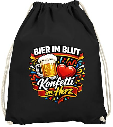 MoonWorks® Turnbeutel - Bier im Blut Konfett im Herz - Fasching Karneval Gadgets Spruch lustig Faschingsartikel Accessoires Baumwolltasche Schwarz unisize
