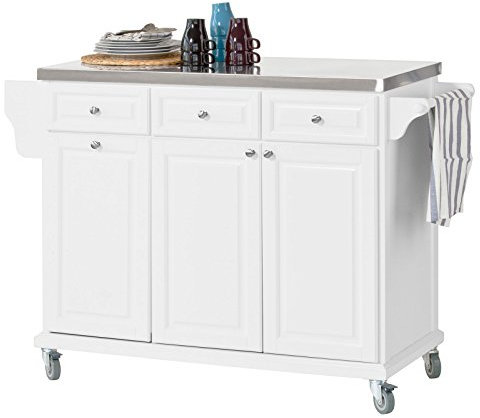 SoBuy® FKW33-W, Luxury Kitchen Trolley with Large Storage Cabinet, Kitchen Island with Stainless Steel Worktop, White