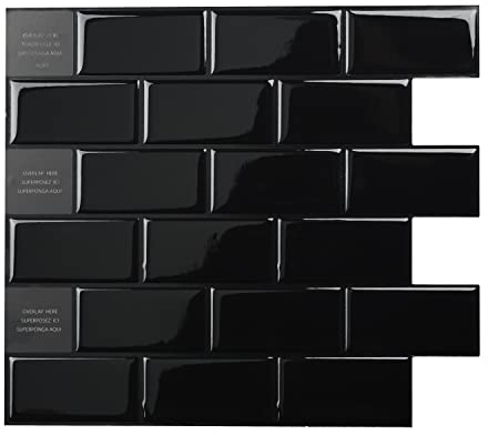 Smart Tiles Klebefliesen Küche und Bad – Subway Schwarz, Fliesenaufkleber 3D, Küchenrückwand Selbstklebend, Wandpaneele, 10 Fliesen (27.81x24.64 cm), Einfach zu Montieren, Wasserfest, Made in Kanada