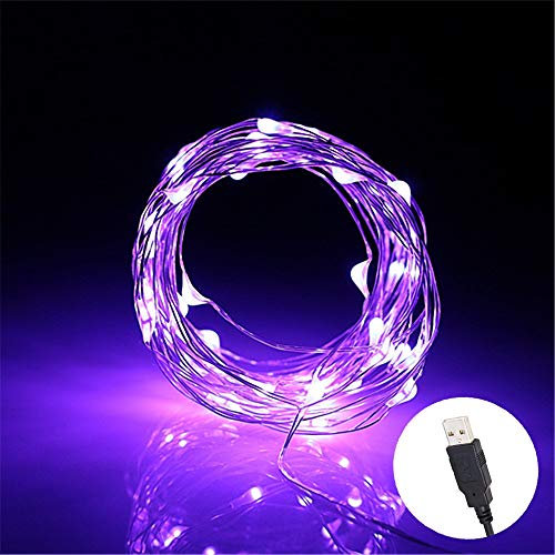 BUYERTIME Guirlande lumineuse USB 5 m 50 LED, alimentée par USB, fil argenté pour intérieur, chambre à coucher, mariage, décoration de fête de Noël (violet)