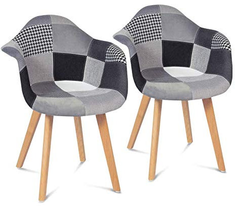 IDMarket - Lot de 2 chaises de Salle à Manger scandinaves, fauteuils de Table SARA Motifs patchworks Noirs, Gris et Blancs