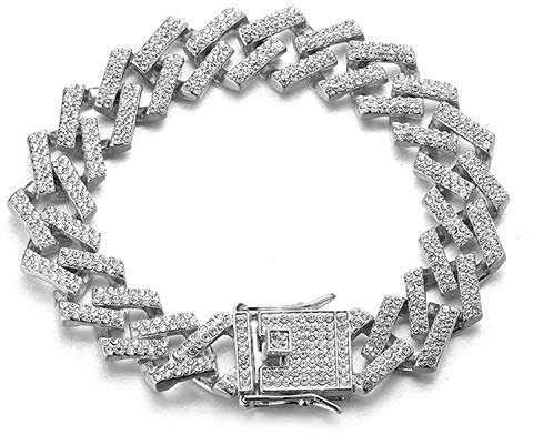 Halukakah Diamant Goldkette Kubanische Herren Iced Out,15MM Fuji Platin Weißgold Armband 20cm,Mehrfarbiges Klares Weißes Diamantenzinkenset,Geschenk für Ihn