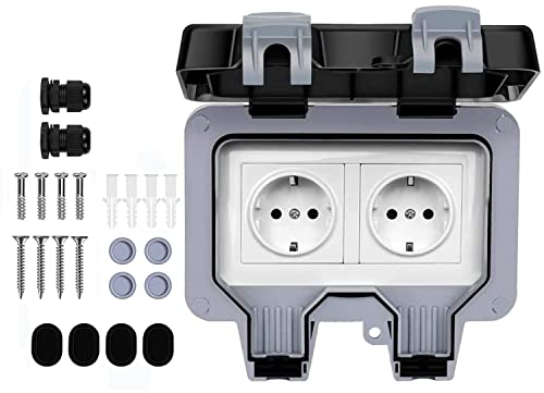 Demoyaya Außensteckdose IP66 wasserdicht doppelt Doppelsteckdose, Wandsteckdosen Außenanschluss Steckdosenbox, Wasserdicht 1fach abschließbar Außensteckdose für Garten (DE Socket-2)