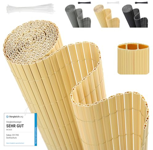 Sekey PVC Sichtschutzmatte 90x400cm Doppelte Verstärkung Innen, Balkon Sichtschutz mit Kabelbindern, Sichtschutzzaun Windschutz Wasserdicht ohne Bohren für Balkon Garten, Bambus