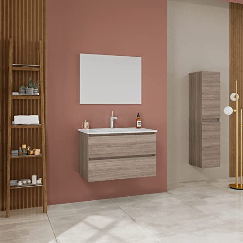 KIAMAMI VALENTINA Wandbadezimmerschrank 80cm mit Schubladen aus Natureiche und Spiegel 80x60