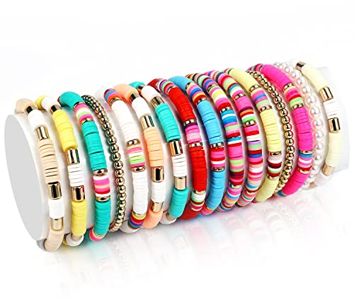 KINBOM 16 Stück Böhmische Armbänder, Bunte Adrette Heishi Armbänder Boho Perlen Stretch Armband Sommer Strandschmuck für Frauen Mädchen(Einfacher Stil)