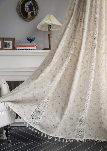 iyoimono Boho Vorhänge Beige Blumen Vintage Vorhänge Landhausstil Häkeln Stricken Gardinen,Baumwolle Leinen Quaste Transluzente Vorhang für Küche Wohnzimmer Schlafzimmer,2 Stück,B150×H300cm