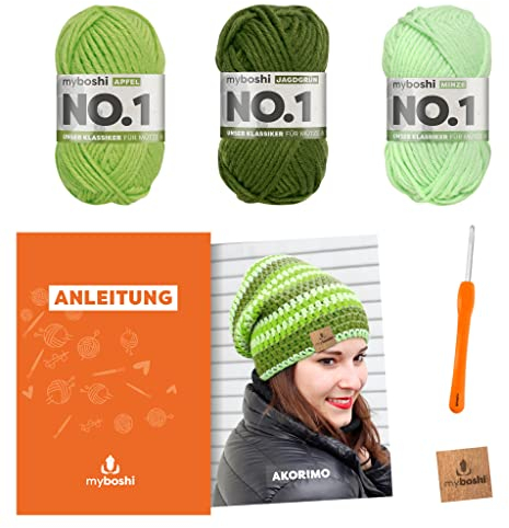 myboshi Häkelset Mütze Akorimo, inkl. No.1 Wolle, Häkelnadel, Anleitung, original Label, Häkelpaket, 30% Merinowolle Grün mit Häkelnadel