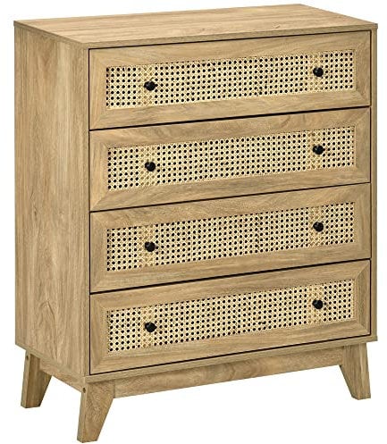 HOMCOM Kommode mit 4 Schubladen, Aufbewahrungsmöbel, Rattan, 80 x 35 x 95 cm, helle Holzoptik
