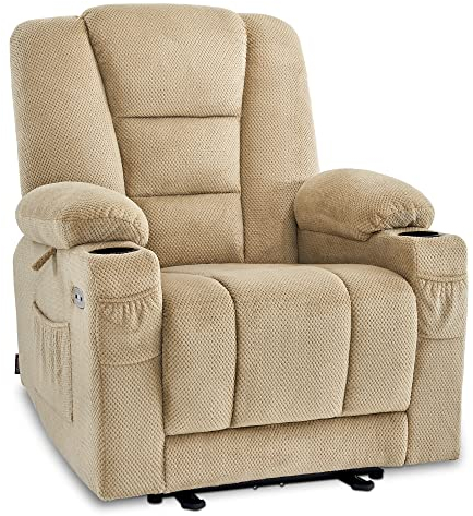M MCombo Fernsehsessel elektrisch verstellbar 7008, Relaxsessel mit Liegefunktion, TV Sessel mit Massage & Wärmefunktion, USB & Getränkehalter, Wohnzimmer (Stoff, Beige)