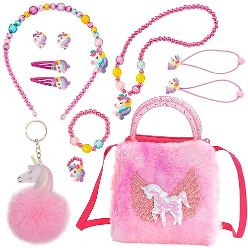 DKDDSSS 12 Teiliges Set Schmuckset für Mädchen, Einhorn Handtasche, Unicorn Kette Halskette Armband Ring Haarschmuck Schmuckset, Einhorn Geschenk für Prinzessin Ankleiden Geburtstag Geschenk