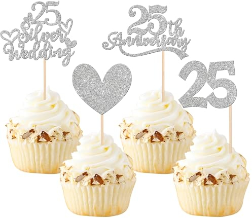 Xsstarmi 24 PACK 25th Anniversary Cupcake Toppers Glitter Heart 25 Silver Wedding Anniversary Cupcake Picks Cheers to 25 Years Cake Decorations for Happy 25th Wedding Anniversary Party Supplies