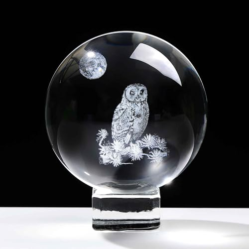 6 cm Kristallkugel graviert 3D Eule Figuren Briefbeschwerer mit Ständer, Glas Eule Sammlerstück Kugel Ornamente Geschenke für Frauen Männer Freund