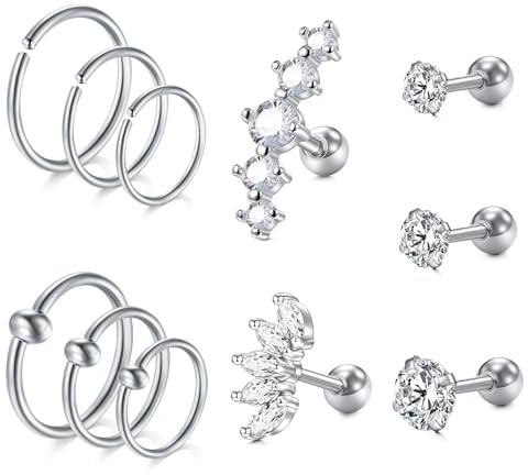 WillTen 11PCS 16G Helix Piercings Chirurgenstahl Silber,Ohrpiercing Set Tragus Ohrstecker Rook Helix Knorpel Nasenpiercing Schmuck
