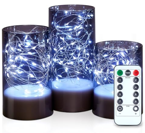 IMAGE Flackernde flammenlose Kerzen mit String Lights 3PCS Acryl Shell Pillar LED-Kerzen mit 13-Tasten-Fernbedienung Timer, batteriebetrieben für Haus, Hochzeit, Dekoration (D3 in X H4/5/6 in), Grau