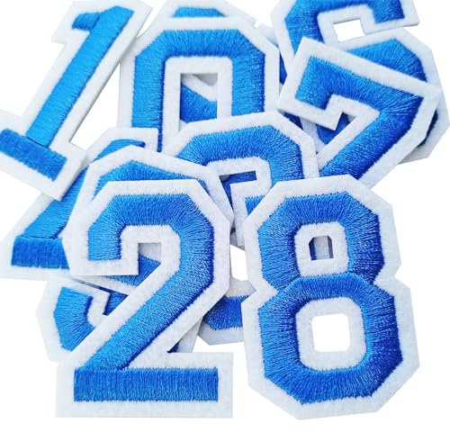 Bfuee 30 Pieces Iron on Number Patches,Embroidered Numbers 0-9 Applique,Numberes Patches for Clothes, Dress, Hat, Socks, Jeans, DIY Accessories Blue