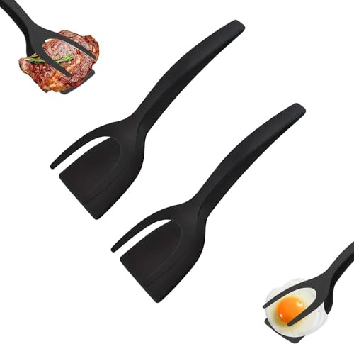 2 in 1 Grip and Flip Spatula Tongs, Egg Flipper Tong, Non-Stick Egg Turners, Pancake Fish French Toast Omelet Making Home Kitchen Cooking Tools (Black 2pcs)