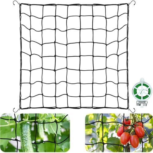 Ranknetz für Kletterpflanzen, 130x130cm Rankhilfen für Kletterpflanzen mit 4 Haken, Premium Ranknetz Gurken mit Pflanzendraht, Elastisches Pflanzennetz mit Großer Maschenweite für Garten Gewächshaus